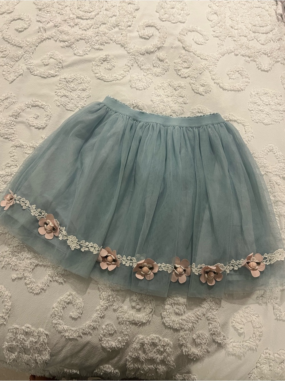 Kate Mack Girls Blue Tulle Skirt with Floral Trim size 10